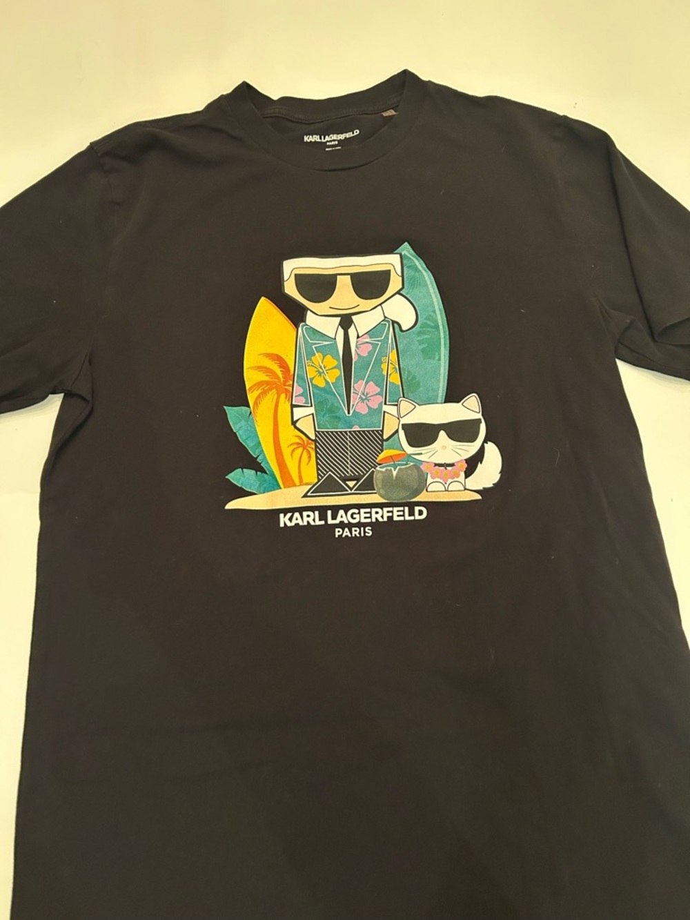 Karl Lagerfeld Black Short-Sleeve Tee with Colorful Surf Graphic